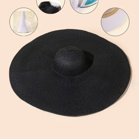oversized wide brim straw hat - black